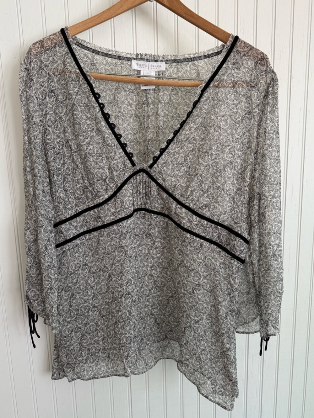 White House Black Market 100% Silk Blouse with Black Trim
